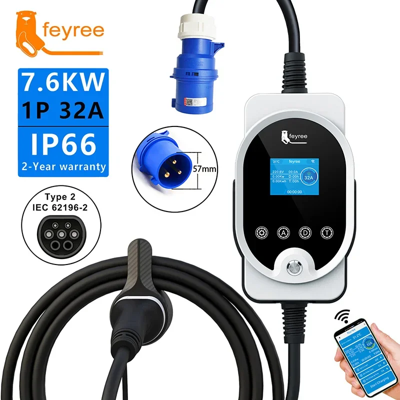 Feyree Зарядное устройство для электромобилей Портативное Type2 7KW 32A 1P Приложение