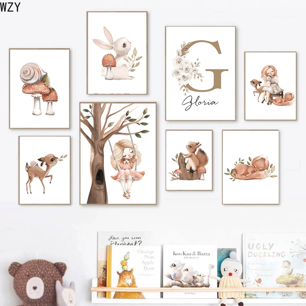 

Custom Name Baby Poster Personalized Girl Room Wall Art Print Cartoon Canvas Painting Rabbit Deer Fox Mushroom Pictures Decor