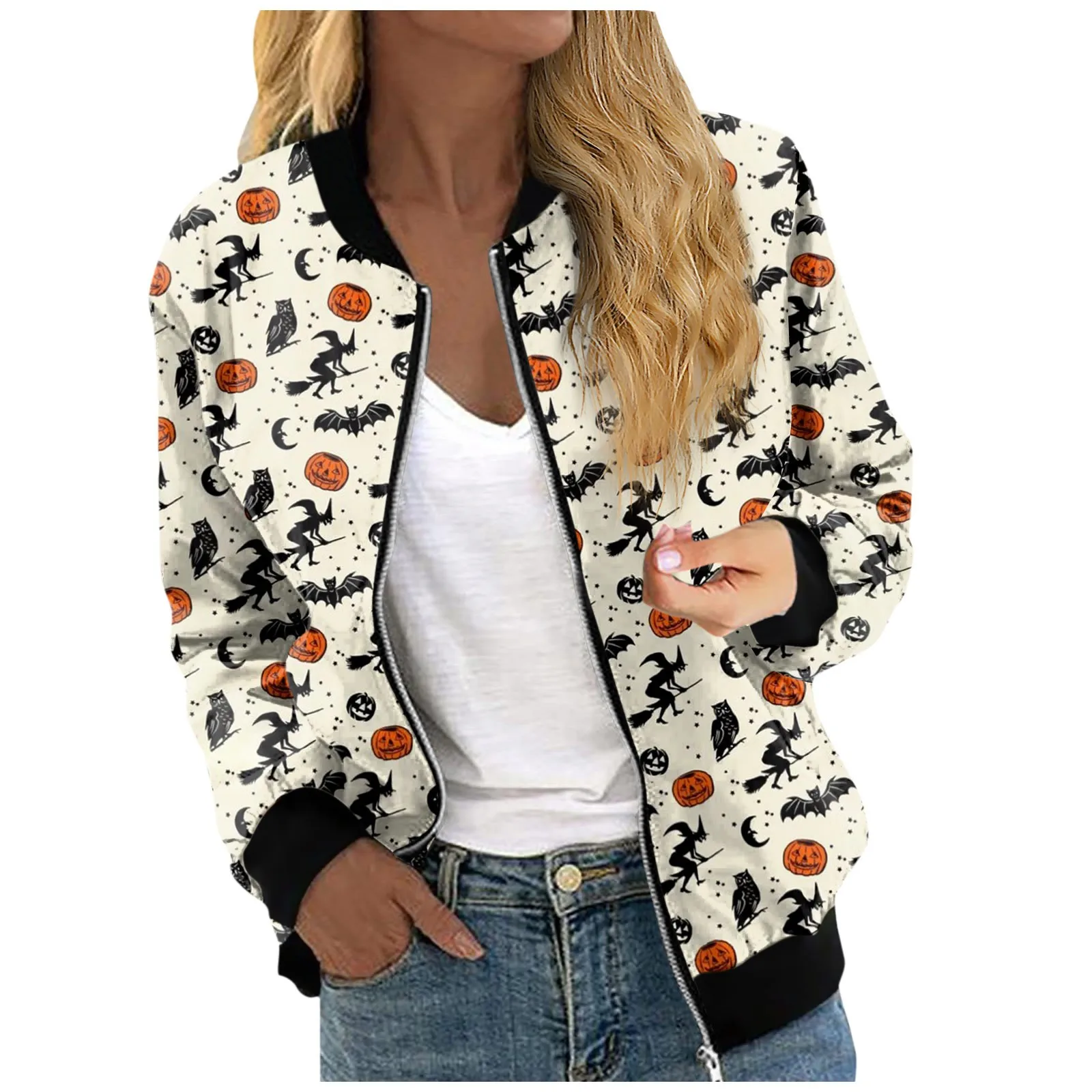 

Women'S Casual Fashion Jacket Bat Print Zipper Jacket With Pockets Autumn And Winter Versatile Coat Chaquetas Para Mujeres