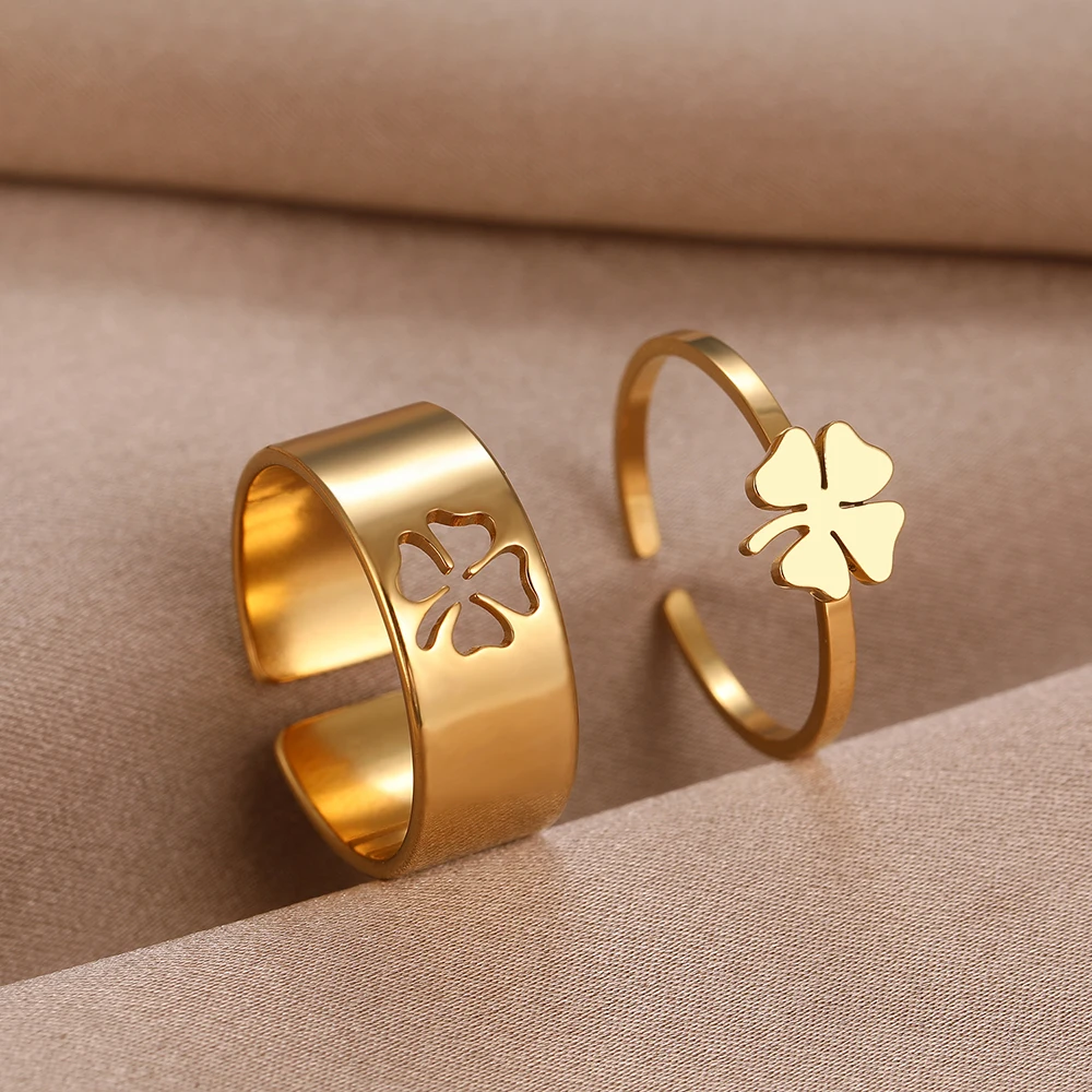 Stainless Steel Rings Trendy Vintage Clover Fashion Adjustable Couple Ring For Women Jewelry Wedding Eachother Gifts 2Pcs/set