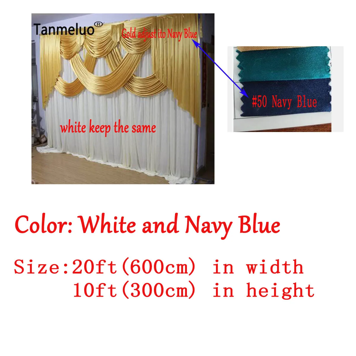 Customize- White and Navy Blue Ice Silk Polyester Backdrop including the DHl shipping cost to door