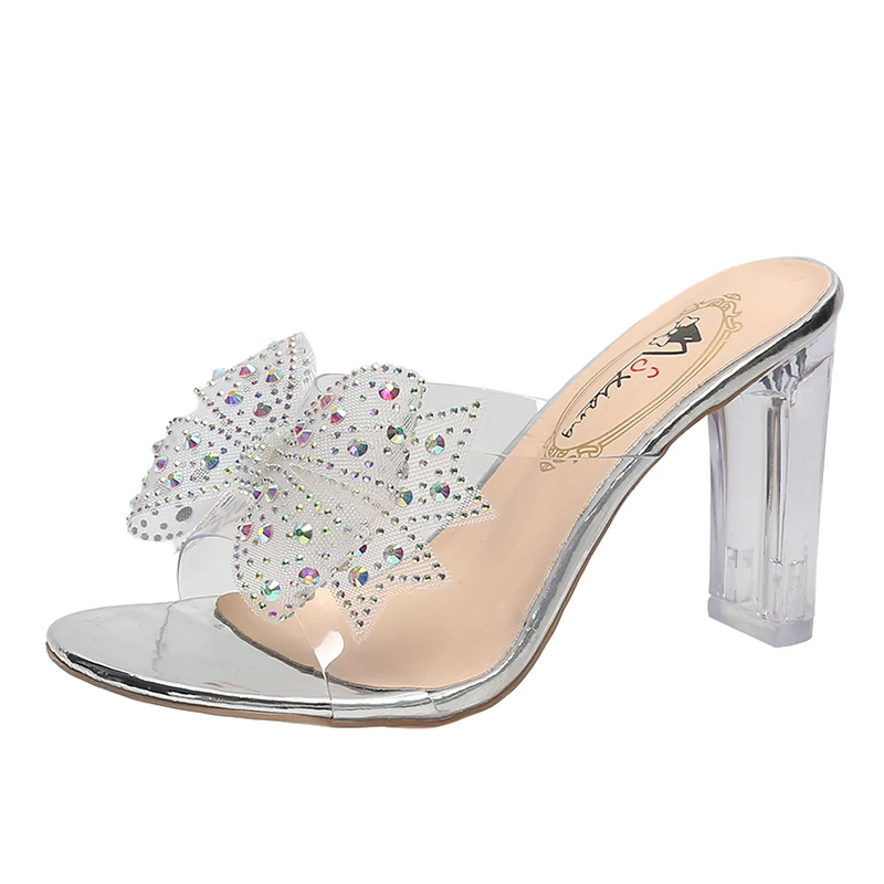 

High Heels Women's Shoes Fashion Thick Heel Rhinestone Bow Transparent Sandals Pointed Toe Open Toe Outdoor Party Banquet Shoes