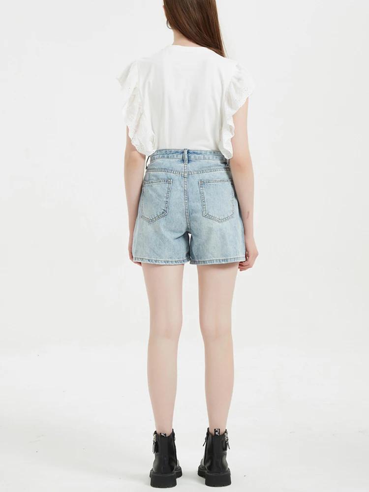 Streetwear Women High Waist Wide Leg Retro Blue Denim Shorts Spring Summer Female Button Loose Jeans Shorts Bottoms