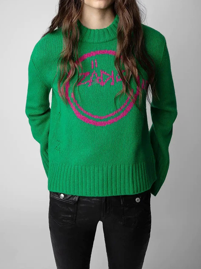 

Женский осенне-зимний шерстяной Уютный пуловер с карманами и круглым вырезом, повседневные винтажные Джемперы свитер с надписями