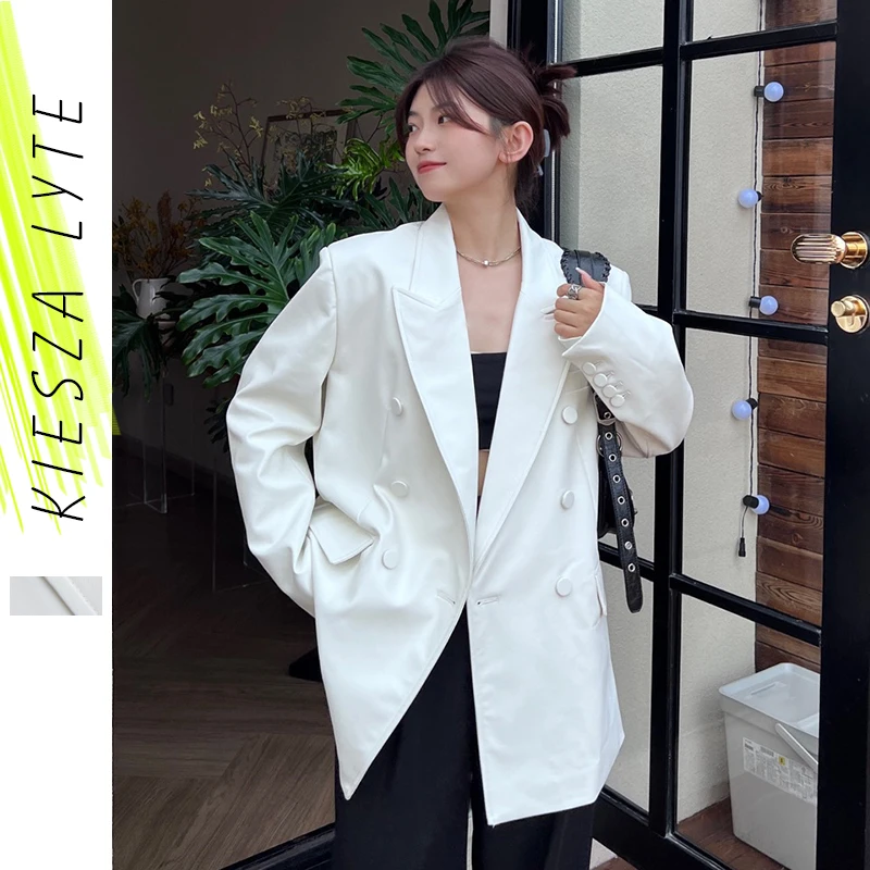 Women's PU Jacket 2022 Autumn New Fashion Casual Solid White Lapel Long Sleeve Pu Leather Coat Female