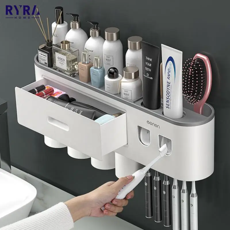 

RYRA Wall-mounted Toothbrush Holder Toothpaste Dispenser Punch-free Bathroom Storage For Home Waterproof Bathroom Accessories