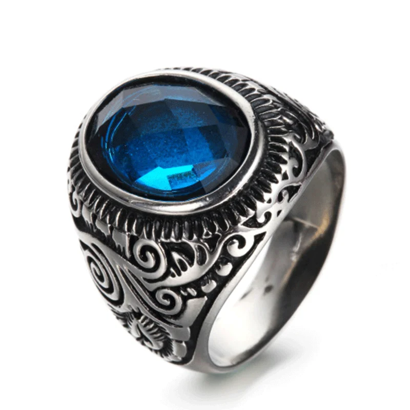 

Wholesale Classic Turkey Man Jewelry Sapphire Emerald Gemstone Stainless Steel Old Silver Oval Shape Punk Party Rings For Gifts