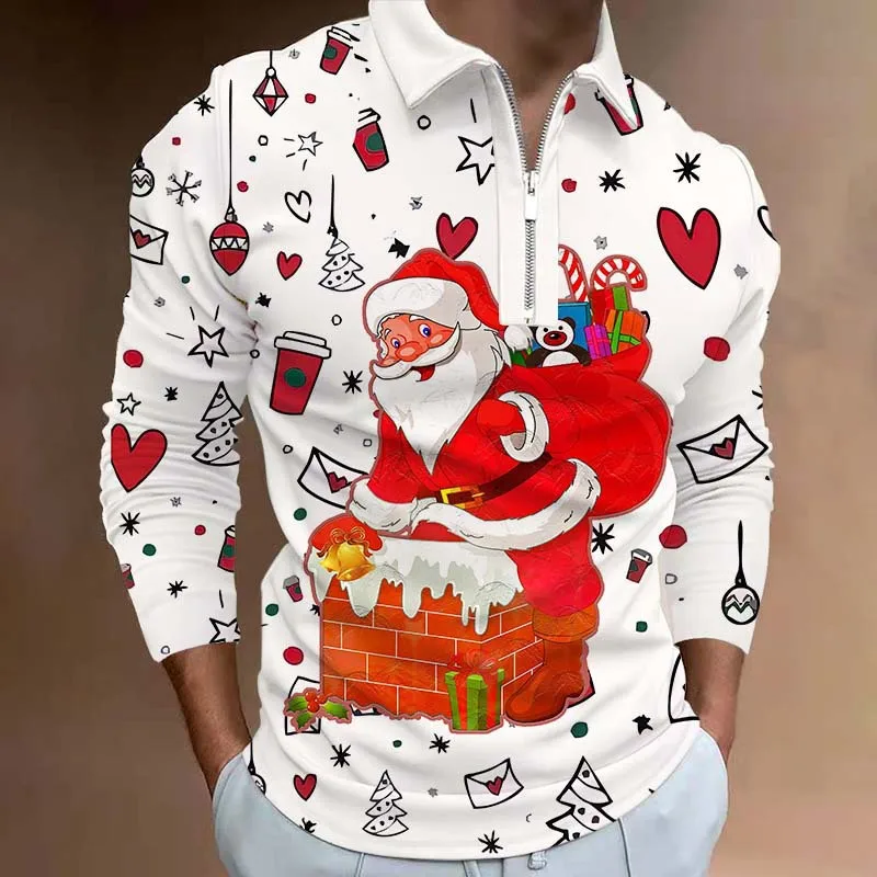 

Christmas Men's Casual Autumn Long Sleeve Polo Shirts Men Male Zip Tee Shirt Men Tops Street Golf Clothing Clothes For Men 2022