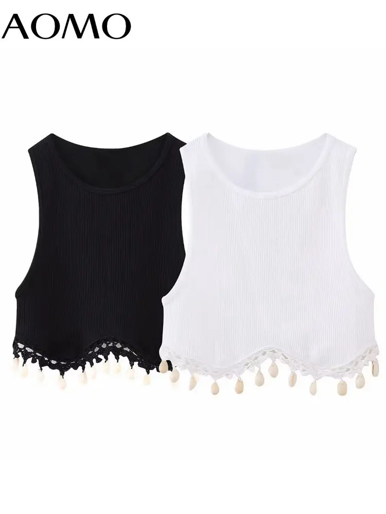 

AOMO 2023 Summer Women Sexy Tassel Knitted Cropped Tank Beach Camis Top BE482A