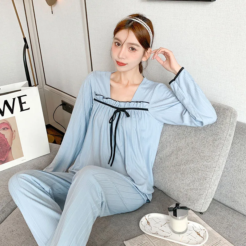 Autumn women's pajamas milk silk pit strip a word neck bow kimono V-neck long-sleeved pajamas women's 2-piece home clothes