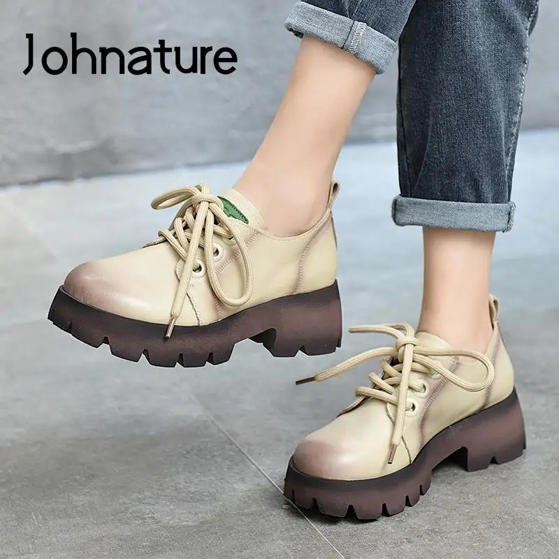 

Женские туфли-лодочки в стиле ретро Johnature, туфли из натуральной кожи на шнуровке, с круглым носком, ручная работа, обувь на платформе для отды...