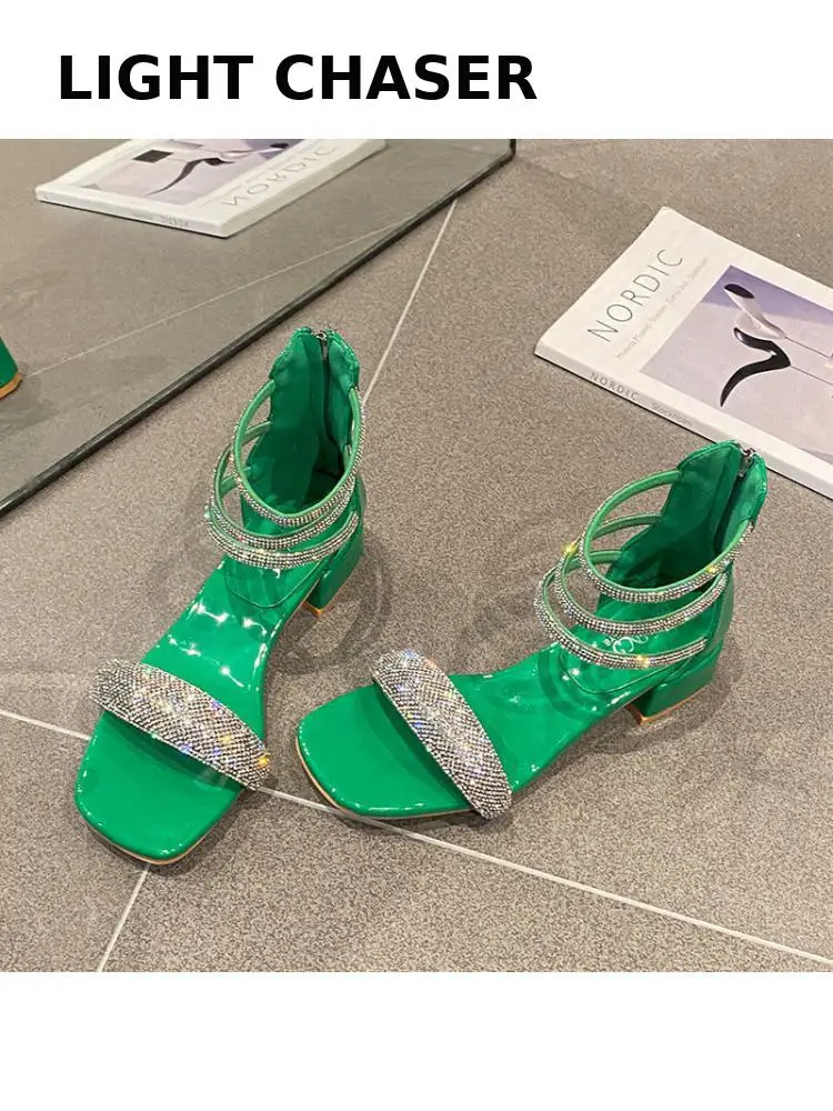 

Square Head Sandals Women's New Ankle Strap Heel Zipper Sandals High Heels Female Rhinestones Thick Heel Roman Women's Shoes