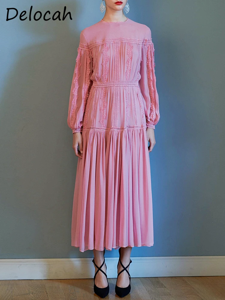 

Delocah высококачественное весеннее женское модное дизайнерское длинное платье с рукавами-фонариками и кружевной отделкой, розовое винтажное платье трапециевидной формы с принтом
