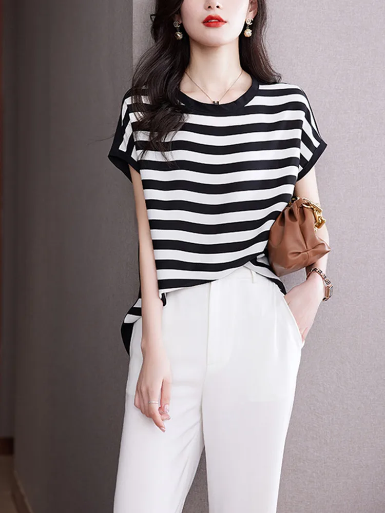 

Блузка женская шифоновая в полоску, с круглым вырезом