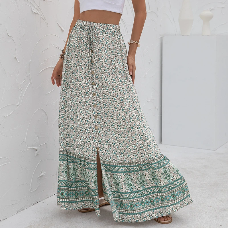 Long Skirts Summer Women's 2023 New High Waist Printed Breasted Button Slit Fashion Sexy Elegant Female Skirt