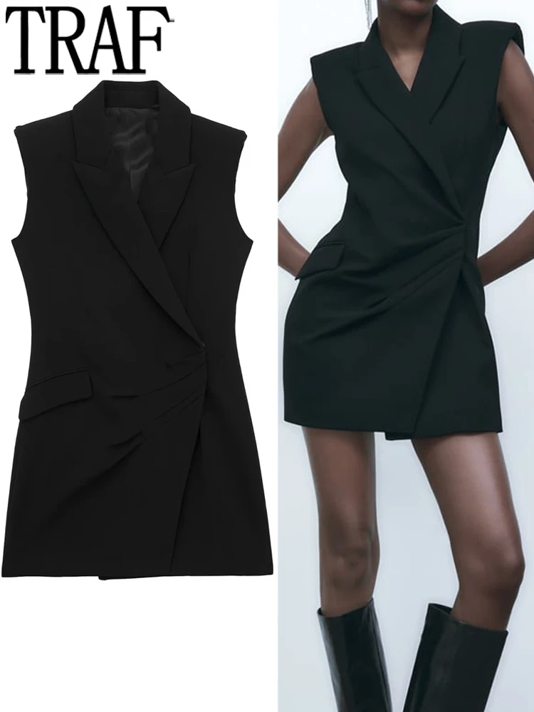 

TRAF Black Blazer Dress Women Sleeveless Waistcoat Short Dresses Autumn Winter 2023 Elegant Women's Dresses Formal Dresses