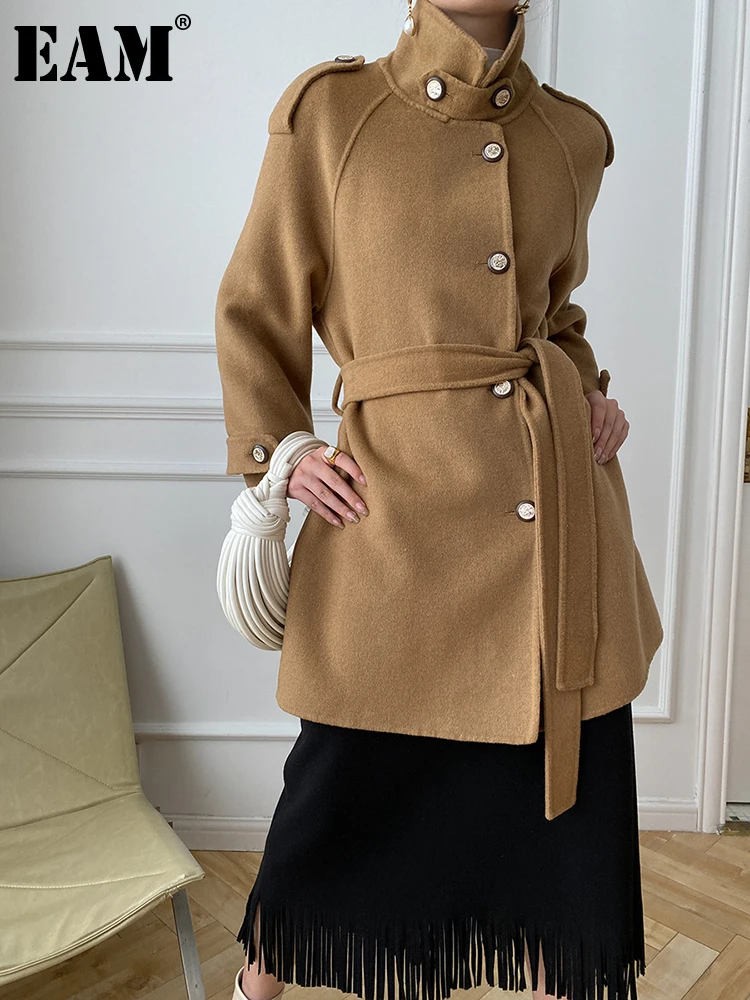 

[EAM] Loose Fit Camel Belted Big Size Warm Woolen Coat Parkas New Long Sleeve Women Fashion Tide Autumn Winter 2023 1DF2847