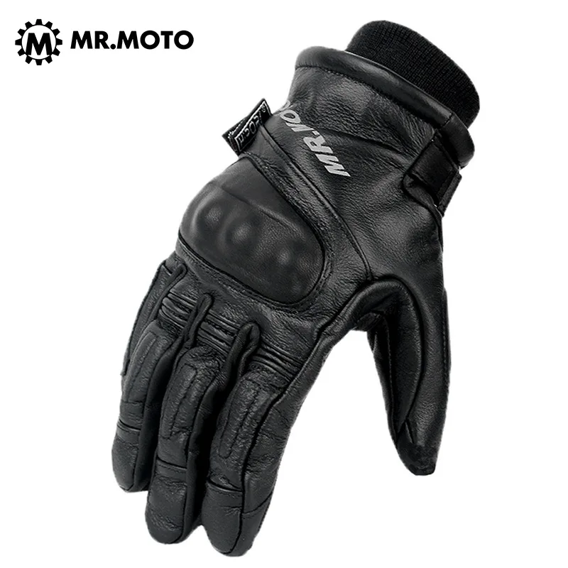 MRMOTO Motorcycle Gloves Winter Motorcycle Riding Gloves Men's Leather Retro Warm Waterproof Anti-fall Black Cycling Gloves