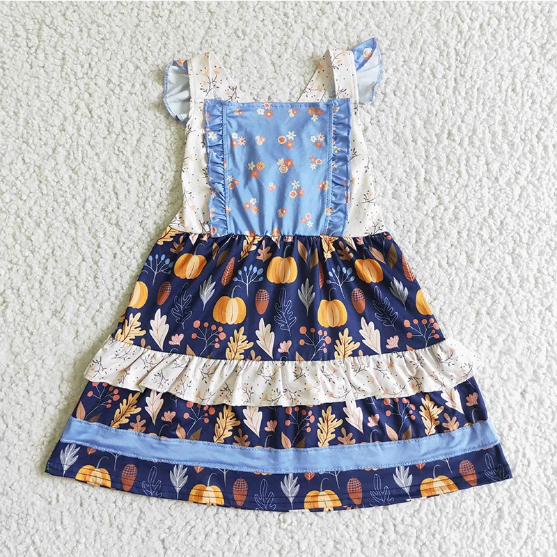 

Fall 2022 girls dresses new arrivals pumpkin leaves floral sleeveless baby girls dresses boutique kids clothing wholesaler