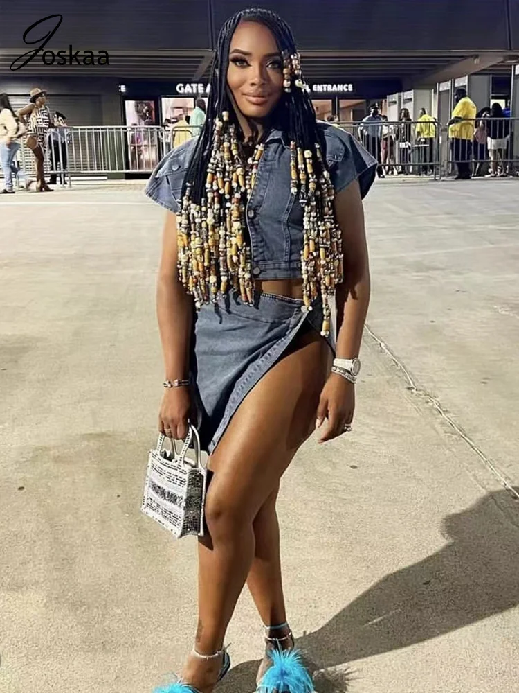 

Joskaa Blue Denim 2 Piece Sets Womens Outfits Sexy Lapel Button Up Crop Tops and Slit Mini Skirts Matching Autumn Streetwear