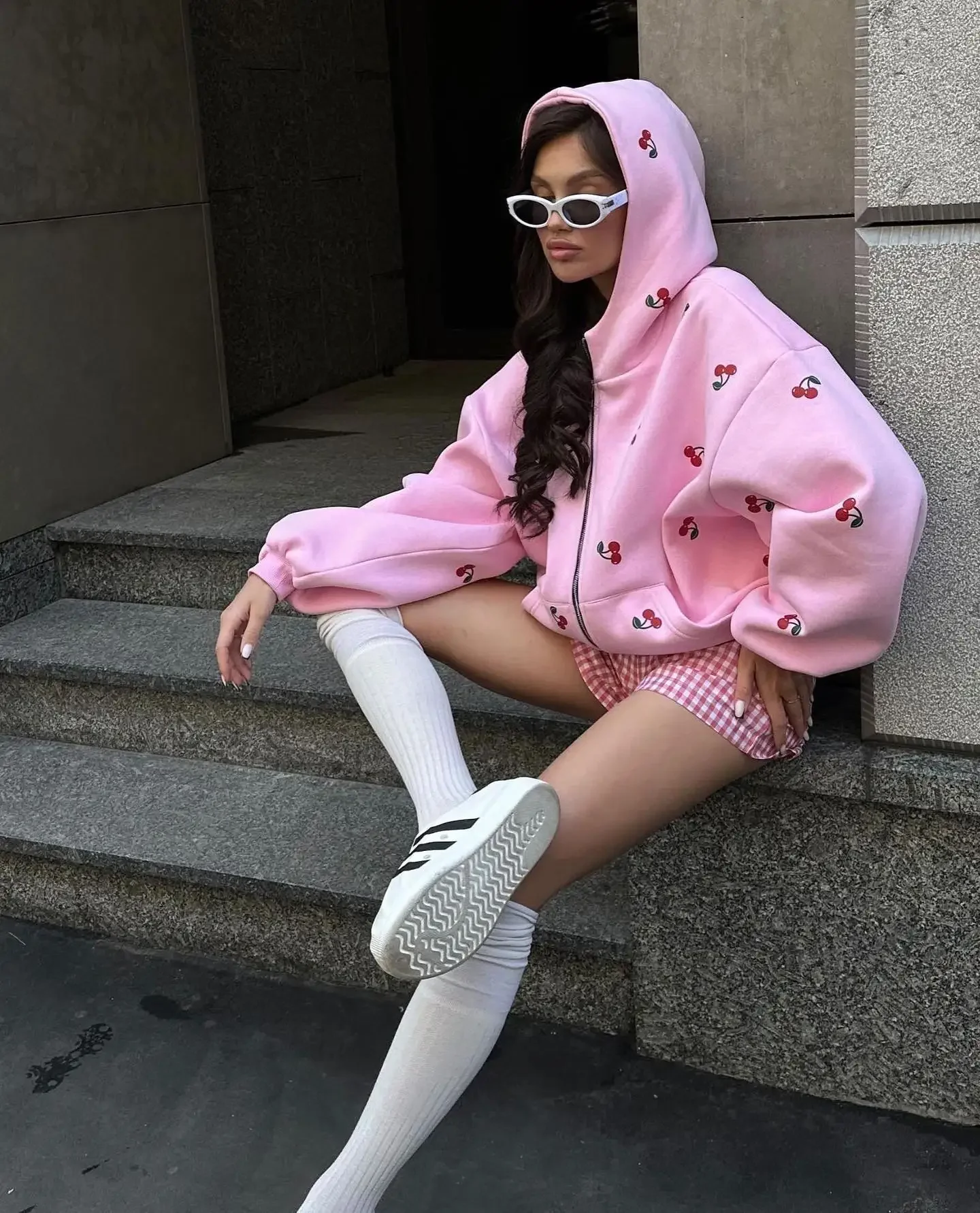 Harajuku свежий стиль модный вишневый узор белая толстовка на молнии Y2k