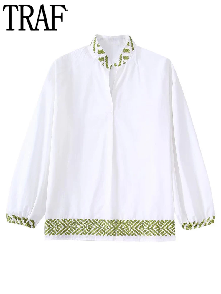 

TRAF 2022 White Shirt Women Green Embroidery Blouses Women Long Sleeve Baggy Shirts Woman Summer Office Blouses for Women Tops
