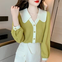 2022 summer casual full sleeve frence style turn down collar button patch color woman t shirt blouse for office ladies