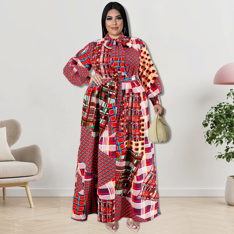 Plus Size Women's Dresses Fashion Casual Long Sleeve Digital Print Dress Elegant Bow Tie A-line Dresses For Large Size Female
