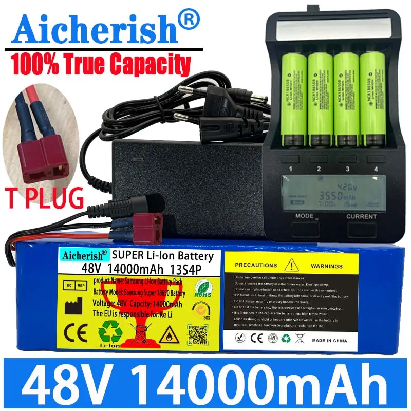 

Aicherish 13S4P 48V 14000MAh 100% True Capacity E-Bike Li-ion Battery 350W-1000W 54.6V Electric Bike Scooter With BMS + Charger