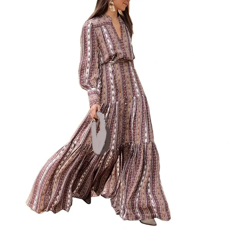 

High-Waist Breathable Floor-Length Bohemia Striped Print Ruffle Stitching Hem Shirt Dress Maxi Dress Female Clothing