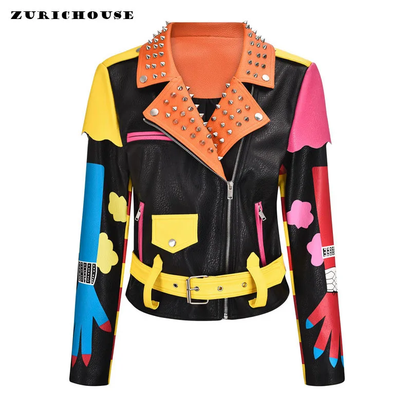 

ZURICHOUSE Fashion Hit Color Spliced Women's Leather Jacket Slim Short Heavy Industry Print Streetwear Punk Metal Rivet Jackets
