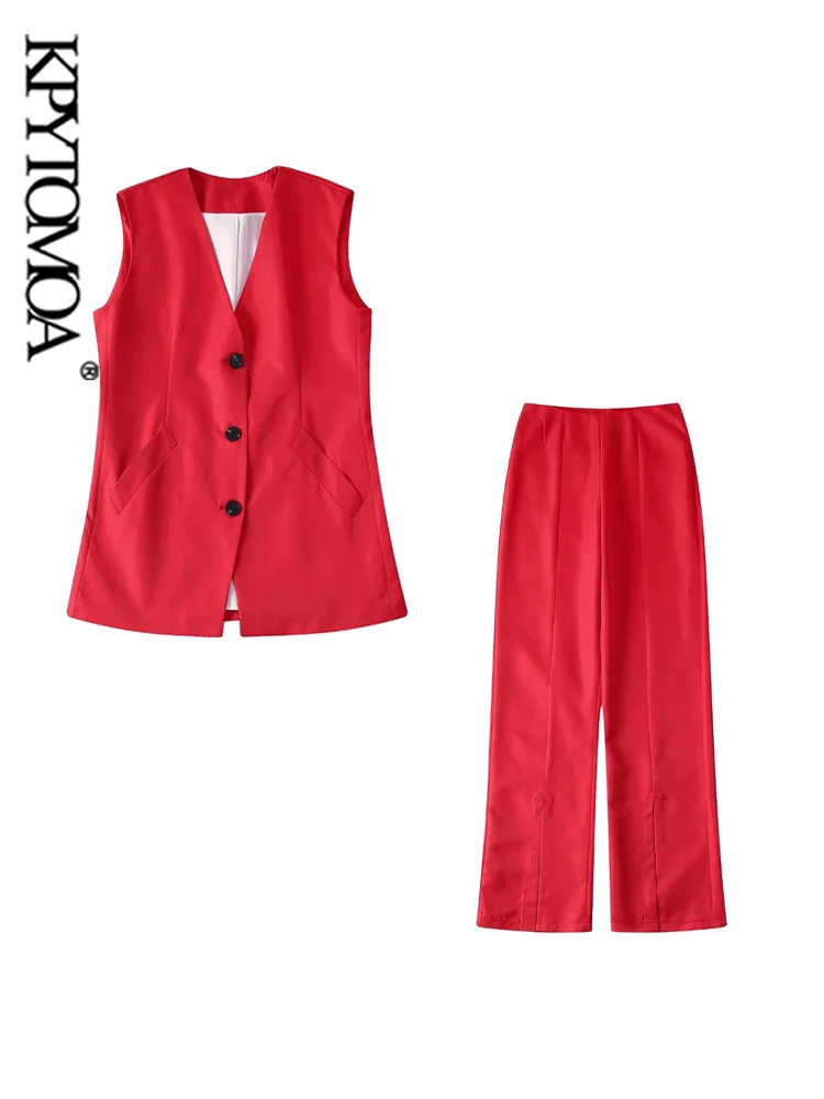 

KPYTOMOA женский модный длинный жилет на пуговицах и с разрезом облегающие брюки с высокой талией женские комплекты из двух частей Mujer