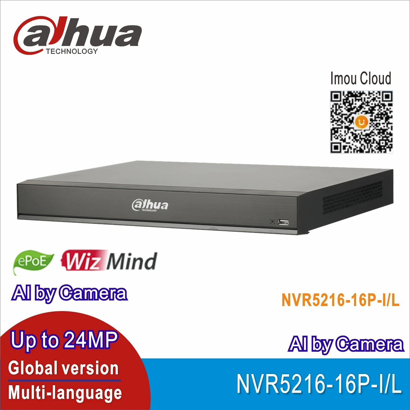 

Original Dahua NVR5216-16P-I/L 16Channel 1U 16PoE ports AI WizMind Network Video Recorder max support 24MP Resolution 4K NVR