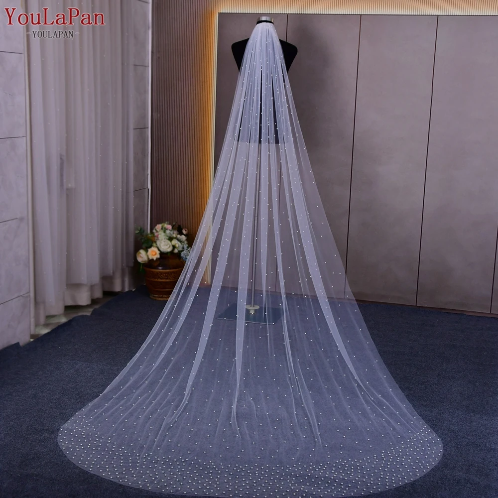 

YouLaPan V10 Pearl Bridal Veils Long Cathedral Beaded Veil Wedding Veils with Comb One Tier De Noiva Longo 5 Metros Frete Gratis