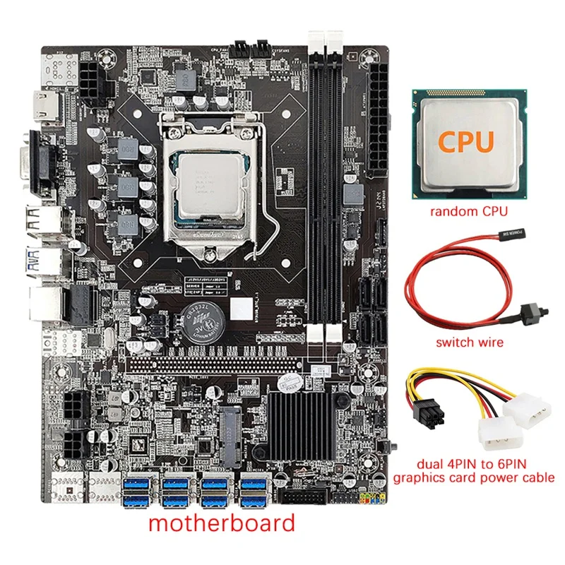 

HOT-B75 8 GPU BTC Mining Motherboard+CPU+Dual 4PIN To 6PIN Power Cable+Switch Cable 8 USB3.0 (PCIE) LGA1155 DDR3 RAM SATA3.0