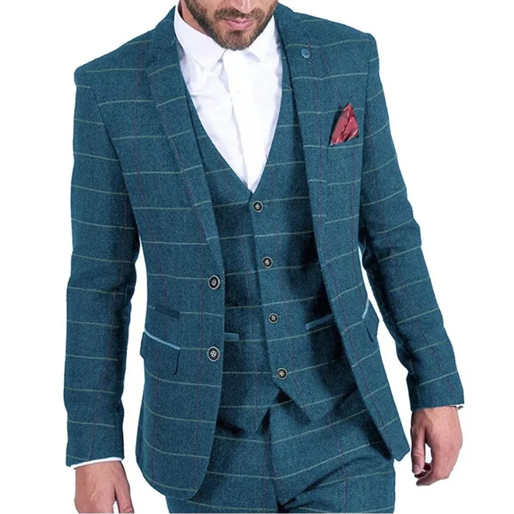 Мужской модный костюм из 3 предметов клетчатые твидовые шерстяные смокинги для