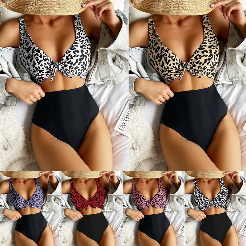 

Sexy Bikinis Women 2022 New Summer Two Piece Leopard Print Swimsuit Female Push Up Ruched Wrap Front High Waist Bathing Suit