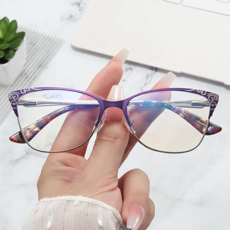 

Vintage Stainless Steel Anti-blue Light Cat Eye Eyeglasses For Women Fashion Print Computer Glasses Frame Female Square Shades