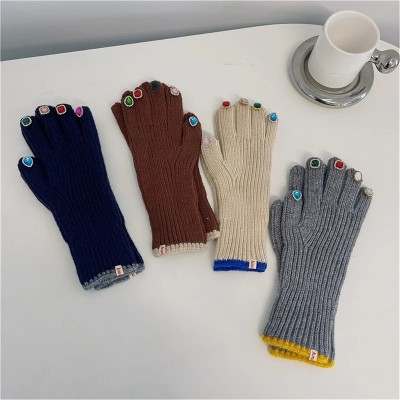 

Rhinestone Gloves Women Knit Gloves with Rhinestone Decors on Finger Tips Winter Warm Full Finger Gloves Luxury Mittens