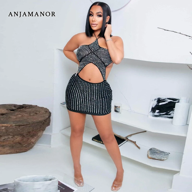 

ANJAMANOR Black Backless Halter Mini Dresses with Rhinestones Sexy Club Outfits Hollow Out Bodycon Dress Birthday Party D35-DF23