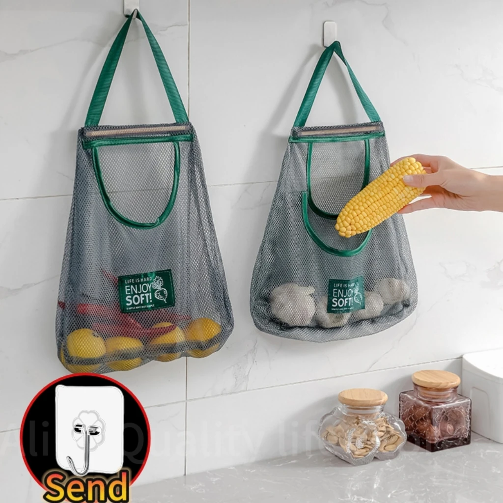 

Reusable Kitchen Hanging Mesh Bag Multifunctional Fruit Vegetable Hanging Bag Wall Hanging Ginger Garlic Storage Organizer
