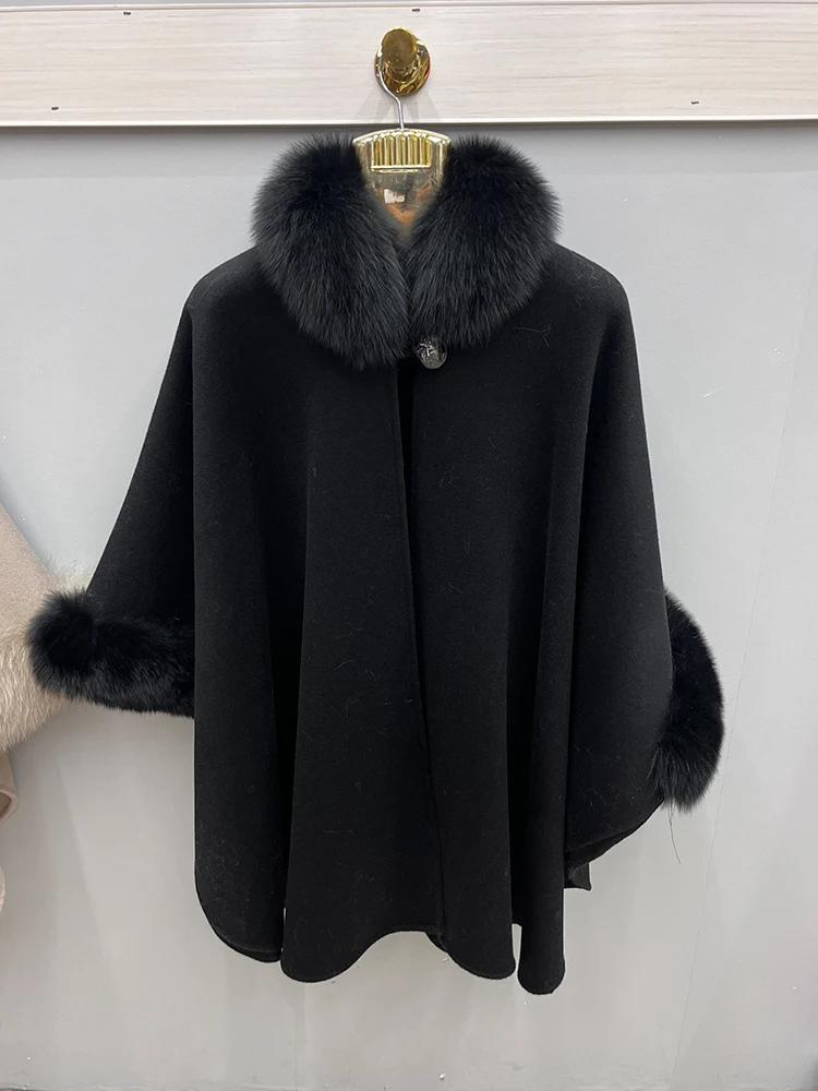 Женское длинное кашемировое пальто шерстяное с воротником из натурального меха