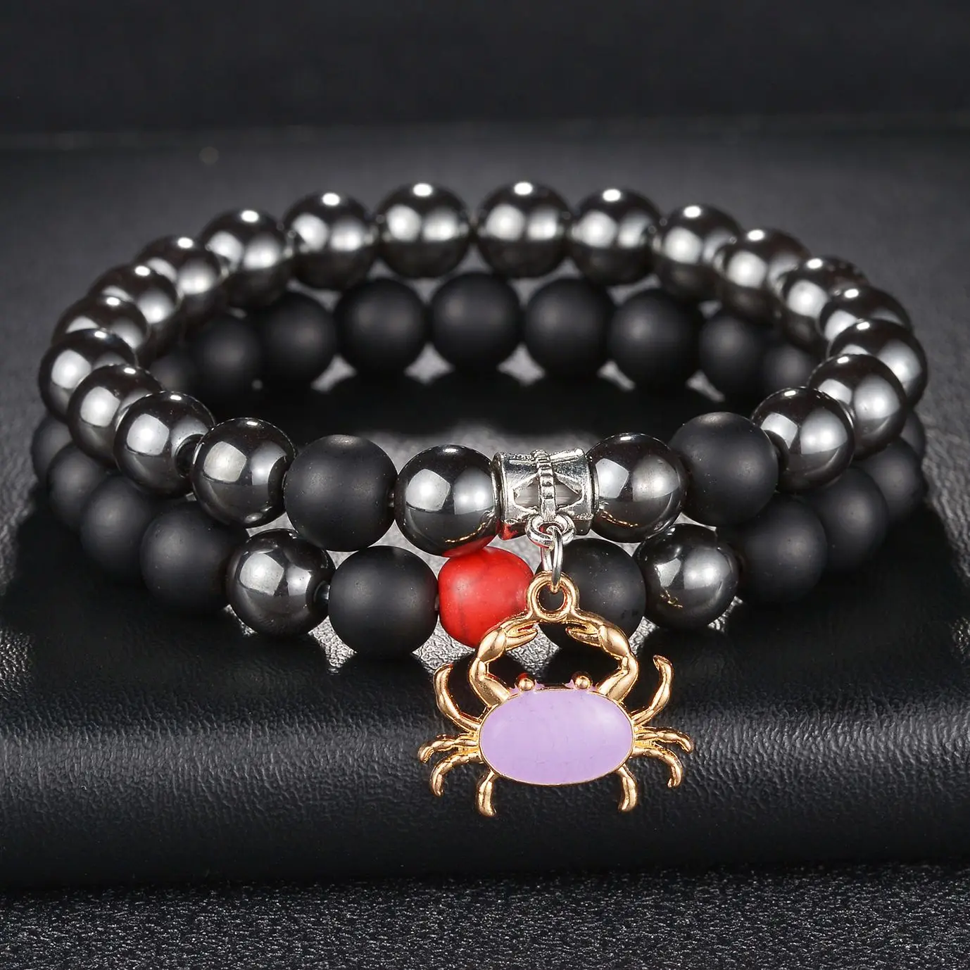 

Micro Pave Black Beaded Crab Charm Bracelet Men Natural Hematite Stone Bead Bracelet Valentine men Jewelry dropshipping