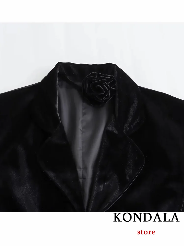 Винтажный шикарный женский бархатный блейзер KONDALA черный однотонный с V-образным