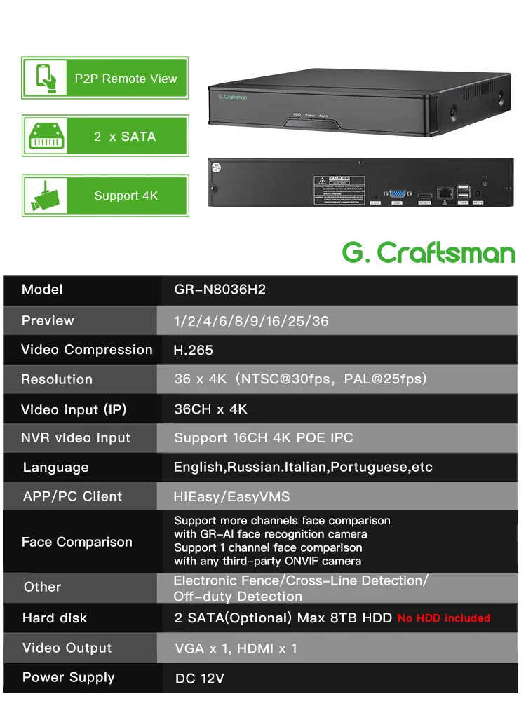 Фото C-R,36CH NVR Система видеонаблюдения с обнаружением человека и электронным забором, сетевой видеорегистратор H.265 ONVIF, умная сигнализация, G.Craftsman №2