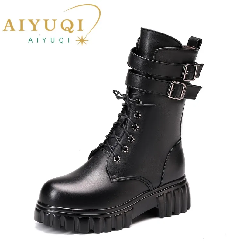 AIYUQI Women Winter Boots 2023 New Platform Genuine Leather Women Middle Boots Wool Warm Biker Boots Women