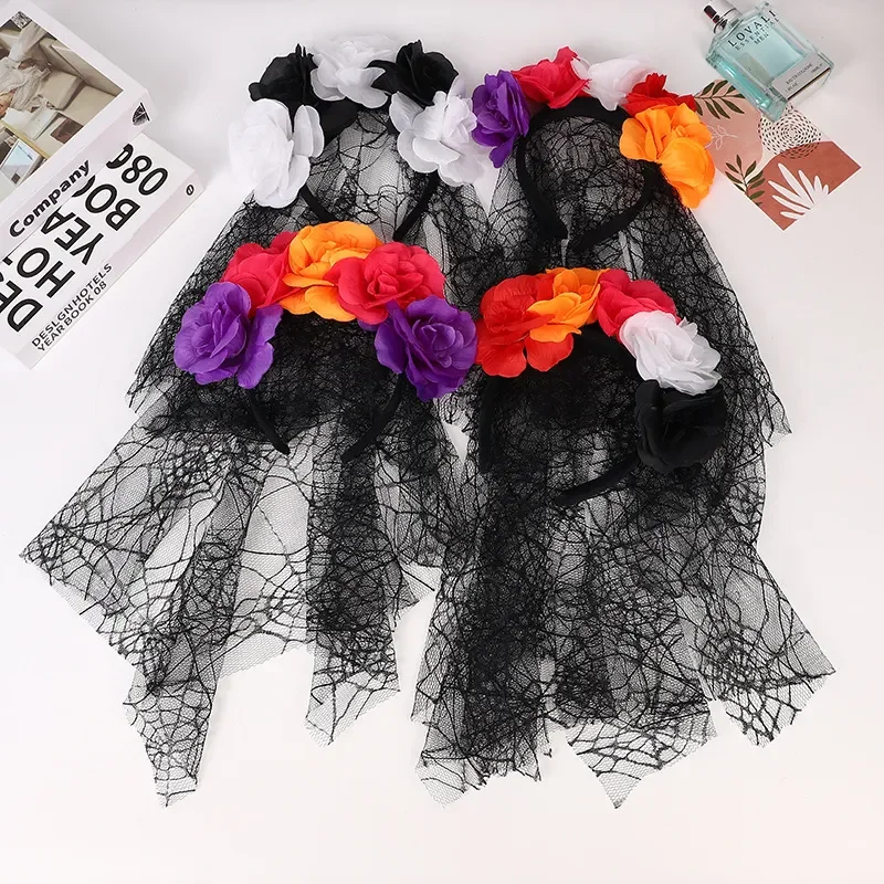

Halloween Party Simulation Flower Lace Spider Net Hair Hoop Ghost Festival Bride Bridesmaid Makeup Party Rose Hair Accessories