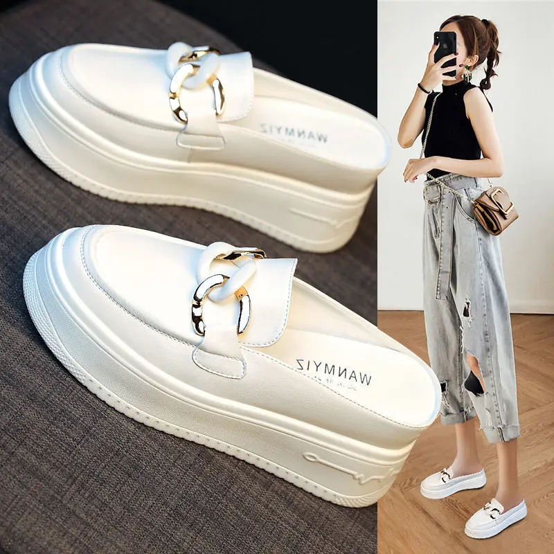 

Lisapie Women Thick Soled Slippers Women's Vulcanized Shoes 2022 Summer Chain Slope Heel Increased By 7cm High-heeled Slippers