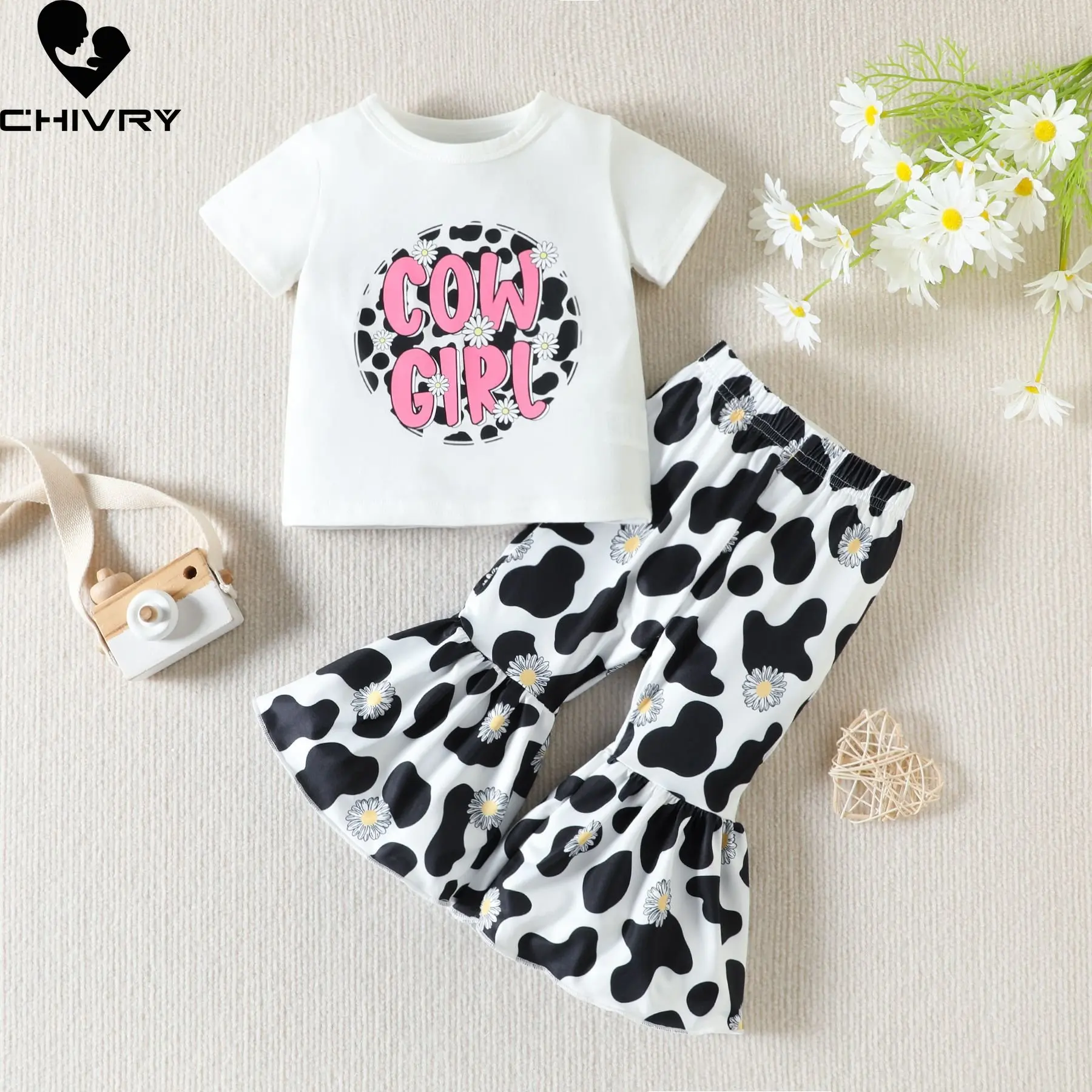 

Baby Girl Clothing Sets New 2023 Summer Girls Cartoon Letter Print Short Sleeve O-neck T-shirt Tops with Floral Flared Trousers