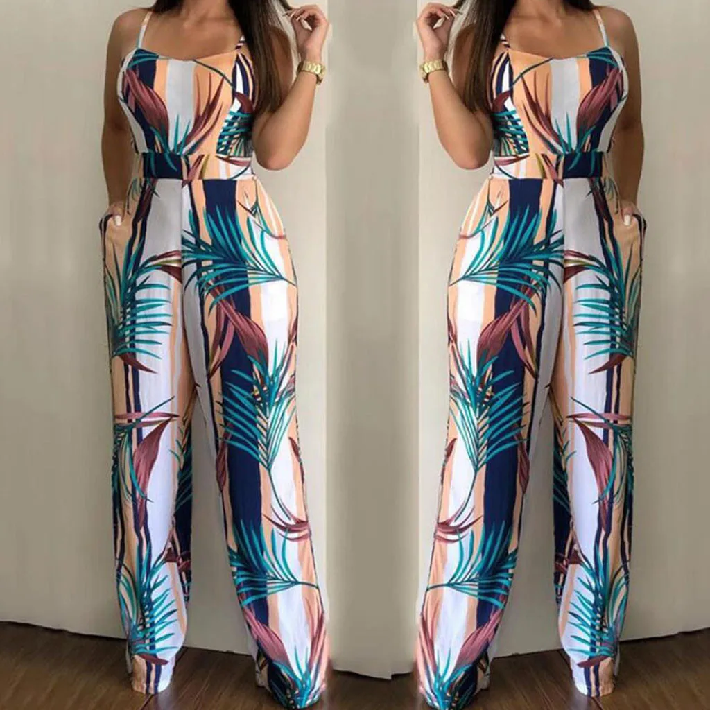 

Clubwear Sleeveless Playsuit Jumpsuit Women Print Wide Leg Casual Leaf Women's Jumpsuit